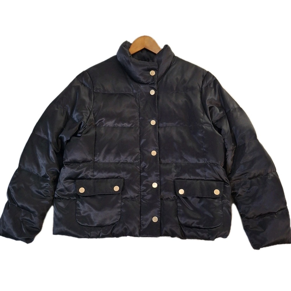 Talbots Puffer Jacket XL Petite Duck‎ Down Feather Black Collar Gold Accents